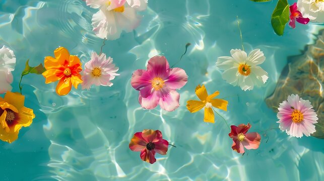 Vibrant flowers bloom underwater, creating a magical and surreal aquatic garden.
