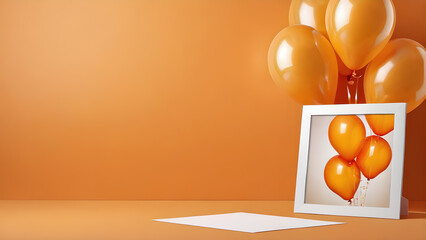blank photo frame with orange balloons on orange background