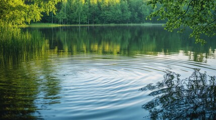 a close-up of the lake surface, highlighting the gentle waves and reflections of the surrounding greenery
