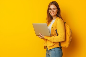 Naklejka premium Young woman presenting laptop project as a marketing representative on yellow background