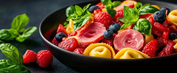 Steel Fork With Tortellini, Close-Up, Cream And Ham, Vibrant, Italian Cuisine