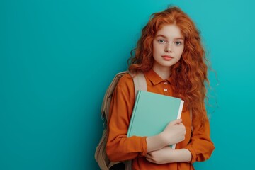 Smart redhead girl in orange shirt with backpack hugging notebooks on teal background