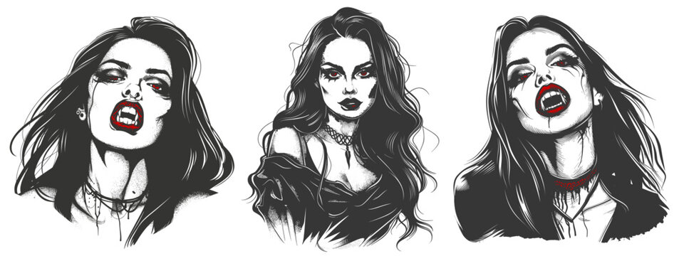 Female vampire portraits. Woman vampires tattoo sketches, lady teeth fang red sexy lips blood gothic females dracula face retro halloween horror vintage drawing vector illustration