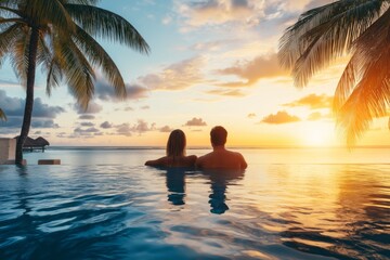 Luxurious beach getaway  couple by pool at sunset in luxury hotel, copyspace banner background