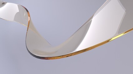 Abstract amber glass ribbon wave flow on bright gray background
