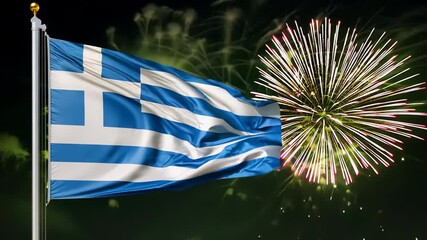 Colorful fireworks illuminate the night sky, featuring a prominent Greece flag as a symbol of celebration and unity - Powered by Adobe