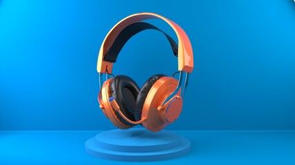 Orange metallic modern headset on bright blue background and stand