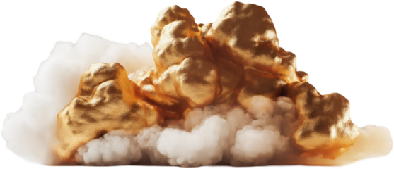 A stunning depiction of a gold nugget emerging from a cloud of smoke, creating a dramatic and luxurious scene.