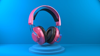 Pink metallic modern headphones headset on bright blue background and stand