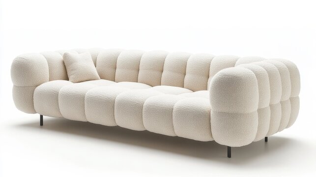 A modern tufted sofa in a light cream color, featuring rounded edges and plush cushions for a contemporary and stylish living room design.