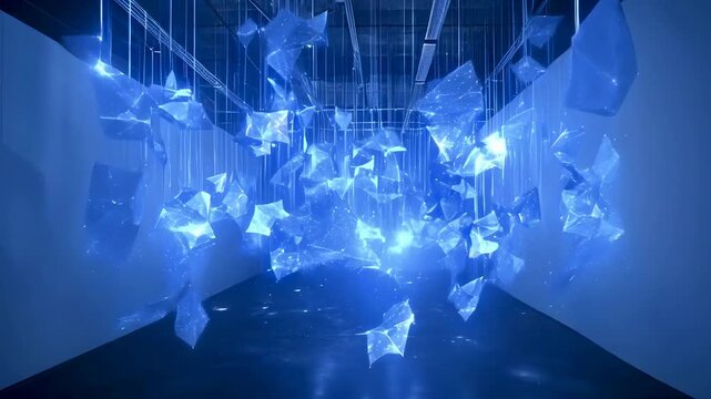 A fascinating art installation features large blue geometric shapes suspended from the ceiling and illuminated with lights. The modern exhibit creates a futuristic and serene atmosphere, ideal for