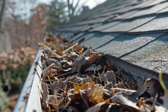 Gutters that need to be cleaned - leaf and tree debris jammed into a metal gutter attached to the roof of a house with asphalt shingles - a slow zoom close up camera movement tracking shot