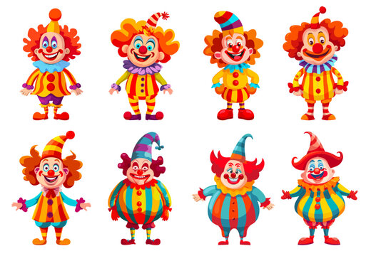 Funny clown cartoon characters. Circus clowns in joker costume, smile carnival person comedian performance happy face man jester show set vector illustration