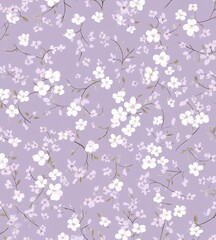 Delicate floral pattern on a lavender background, soft, elegant, seamless, pastel, decorative, feminine, spring.