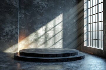 Fototapeta premium Illuminated Circular Stage With Soft Light Bars in an Urban Loft Space