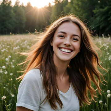 Retrato mujer riendo con el pelo al viento en el campo con el sol asom&aacute;ndose entre los &aacute;rboles