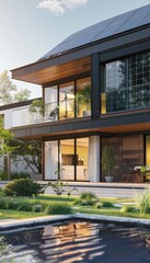 Obraz premium Sustainable Smart Home with Solar Panels, Energy Efficient Appliances, and Battery Storage System