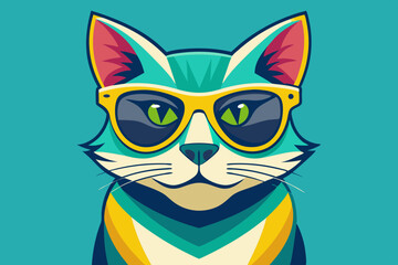 Cat wearing sunglasses, with a vibrant color scheme that includes teal and yellow tones, vector illustration