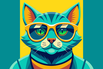 Cat wearing sunglasses, with a vibrant color scheme that includes teal and yellow tones, vector illustration