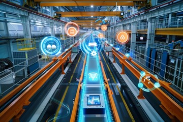 Obraz premium Smart Factory with Automated Machines and IoT Devices for Industrial Signal Transmission Technology