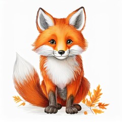 Obraz premium Colored pencil illustration of an autumn fox on a white background in a children's style, perfect for use in children's books, nursery decor, greeting cards, seasonal designs, educational materials