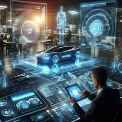 Engineers working on 3D hologram car design in high-tech automotive research lab,automotive Engineers Working on Electric Car Chassis Platform, Advanced Scientific Development of 3D Holography.