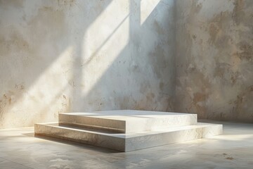 Angled Pyramidal Platform Bathed in Soft Light Within a Minimalist Space