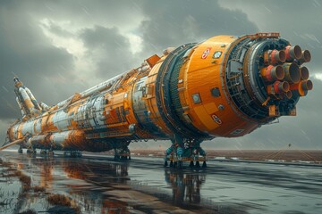 Rocket engine turbines on spaceship runway for space launch and landing pad for exploration flights