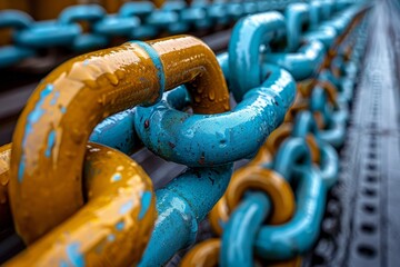 Close up of carabiner chain hook for safe cargo transportation on platform with rigid hitch