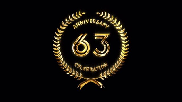 63rd Anniversary Celebration. Happy 63 Years Anniversary Animation in Gold Color on the Transparent Background, Alpha Channel. Great for greetings, celebrations, events, and gifts.