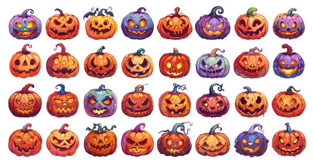 Obraz premium Halloween pumpkins set. Horror pumpkin autumn celebration fear symbol spooky lantern holiday decoration smiling jack face grinning facial expression character creepy carving teeth vector illustration