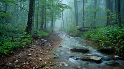Obraz premium Misty forest trail beside a flowing stream during early morning hours