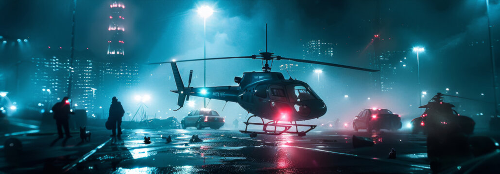 Dramatic Helicopter Pursuit at Night: Robber Spotlight Heist Scene for Action-Themed Design