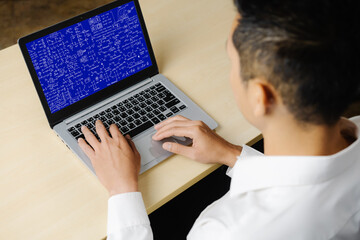 Mathematic equations and modish formula on computer screen showing concept of science and education