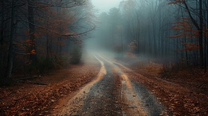 Foggy forest road lined with trees and fallen leaves during an overcast morning