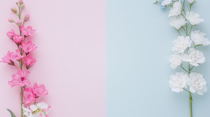 Delicate Pink and White Flowers on Pastel Split Background - Minimalistic Floral Arrangement with Copy Space for Text - Ideal for Web Banners, Marketing Materials, Invitations, and Spring or Summer De