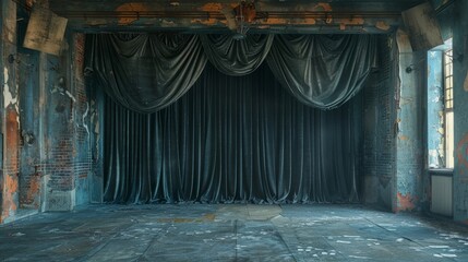 Abandoned theater interior with dark curtains and weathered walls in soft morning light