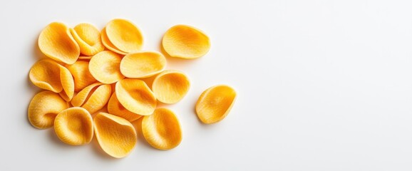 Fototapeta premium Heap Of Uncooked Orecchiette Pasta, White Background, Top View, Close-Up, Inviting