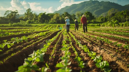 Sustainable Farming Practices: Farmers Cultivating Organic Vegetables with Hand Tools