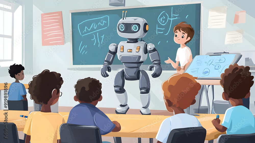Poster - an illustration showing educational robots interacting with students in a classroom, facilitating 