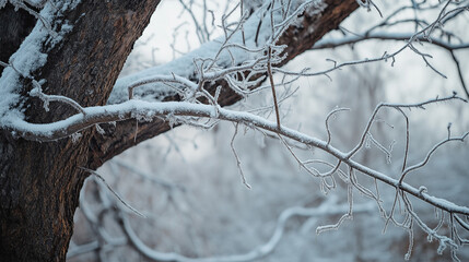 old tree branches covered in light snow