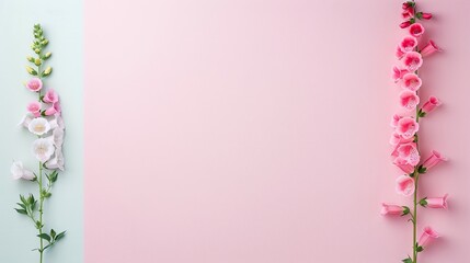 Obraz premium Delicate Floral Border with Pink and White Flowers on Soft Pastel Background - Minimalistic Design for Spring and Summer Themes - Ideal for Web Banners, Invitations, and Marketing Materials with Copy 