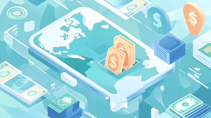  An illustration of a global remittance service, with money being transferred instantly across borders through a fintech app