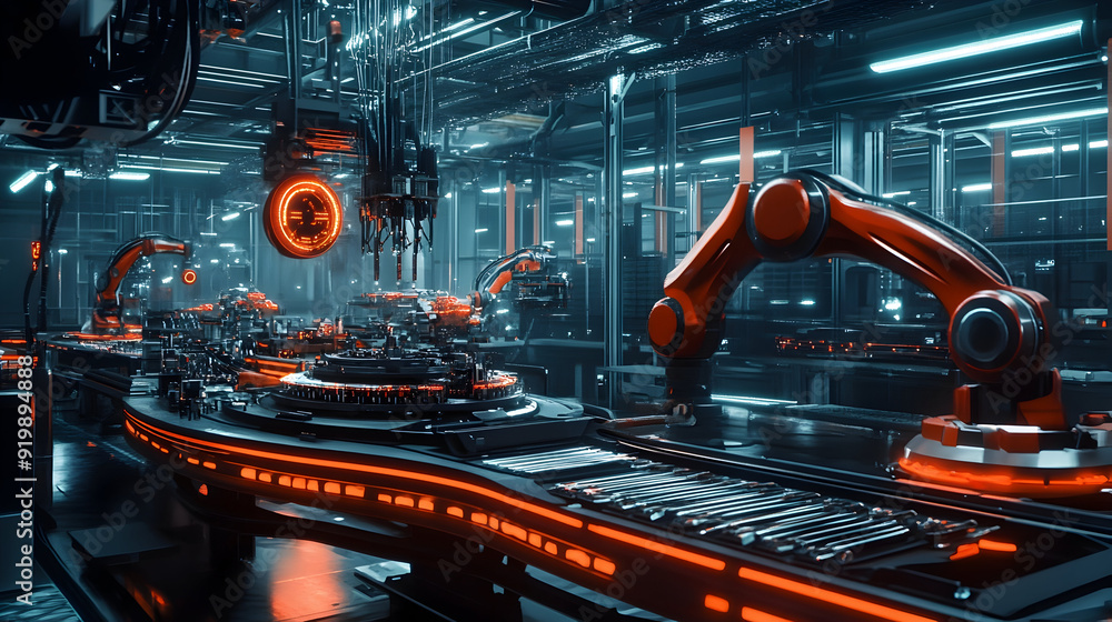 Poster futuristic ai-driven factory where robots assemble intricate products with precision and efficiency,