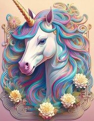 Vertical illustration of a beautiful majestic colorful unicorn