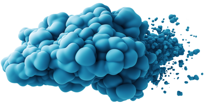 A vibrant blue cloud of bubbles bursting dynamically against a white background.