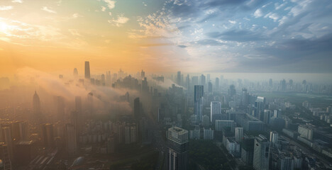 Obraz premium Cityscape Transforming from Smog-Filled Sky to Clear Skies and Green Spaces - Impact of Environmental Policies