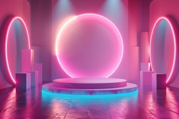 Pastel Podium Surrounded by Digital Rings Illuminated in Vibrant Colors