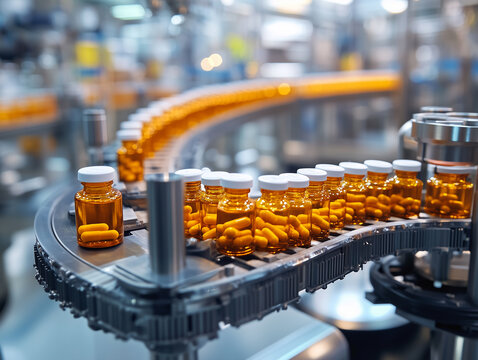 Capsules moving along the conveyor belt in a pharmaceutical manufacturing facility