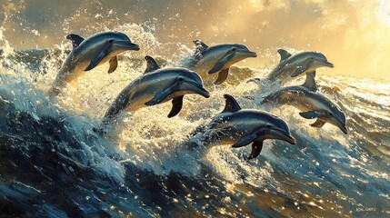 Fototapeta premium Dolphins Leaping Through Waves at Sunset